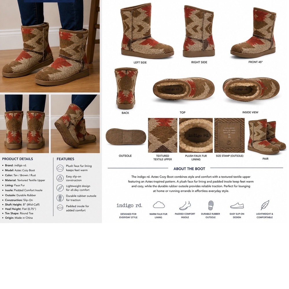 Indigo rd. Aztec Cozy Boot Women 6M Tan‎ Brown Rust Faux Fur Lined Mid Calf Boot
